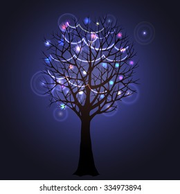 Vector Christmas or New year design. A tree decorated with garland light during greeting season. Black silhouette of a big tree with multicolored lights. 