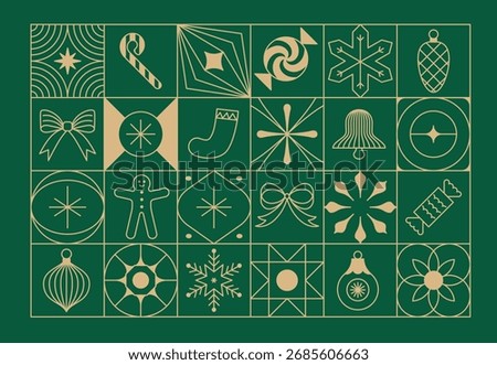 Vector Christmas and New Year design templates for advent calendars, greeting cards, packaging, prints, banners, and minimal graphics in a linear style, perfect for gold foil embossing 