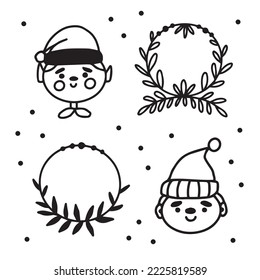 Vector christmas and new year doodle designs with elf and wreath on white background. Cute winter icons collection.