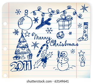 Vector Christmas and New Year doodle illustrations on linked paper