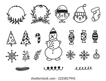 Vector christmas and new year doodles collection. Doodle icons snowman, pine trees, wreath, elf, gnome, snowflakes, decorations.