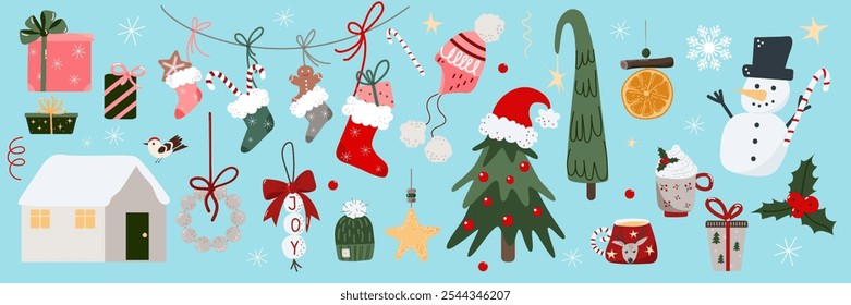 Vector Christmas and New Year elements set, gift or present boxes, trees, socks, snowy house, snowman, warm drinks cups, decorations, stars, bows and ribbons, hats, candy sticks, holly, snowflakes.