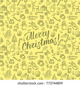 Vector Christmas and New Year elements. Seamless pattern and lettering Merry Christmas