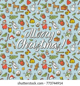 Vector Christmas and New Year elements. Seamless pattern and lettering Merry Christmas
