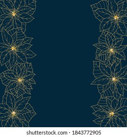 Vector Christmas and New Year frame with hand drawn winter symbols poinsettias in golden and blue colors. For greeting card, instagram and blog template, holiday flyer, banner, invitation, promotion.