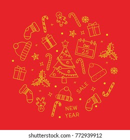 Vector Christmas and New Year Gift Card with Gift Boxes, Candy Canes, Stockings, Calendar