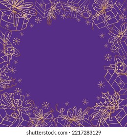 Vector christmas or new year golden frame from decorated gift boxes and snowflakes on purple background. Holiday design of card, poster, invitation with empty place for text.