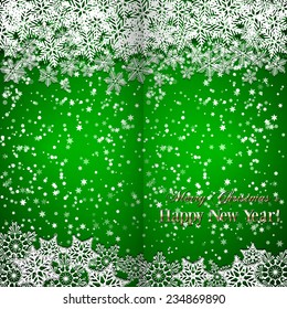 Vector Christmas and New Year green folded  greeting or invitation  with snowflakes
