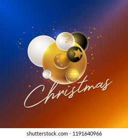 Vector Christmas and new year greeting card design with 3d white, black and gold Christmas balls . Elements are layered separately in vector file.