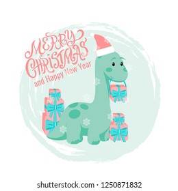 Vector Christmas and New Year greeting card with hand drawn lettering Merry Christmas, flat baby dino brontosaurus with gift boxes and textured background for holiday poster, dinosaur banner, printing