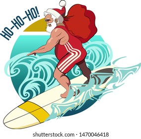 
Vector Christmas and New Year Greeting Card Santa Surfer