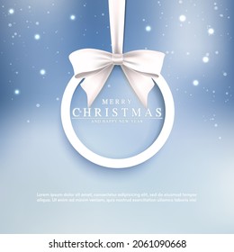 Vector Christmas and New Year greeting card with white round frame and bow on blue  background. Festive winter banner