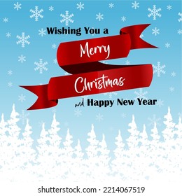 Vector christmas and new year greeting card with red ribbon banner and snowfall illustration as background