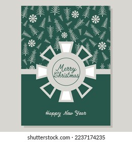 Vector Christmas New Year greeting card with bows, holiday posters with hand drawn branch trees pattern. Postcard template in grey green calm colors. Frozen forest design.