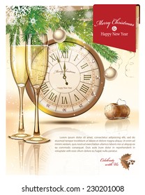 Vector Christmas and New Year greeting card with a clock, Christmas tree, pair of wineglasses with Sparkling Wine and cork. 