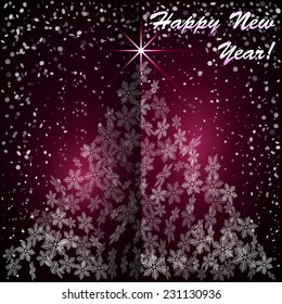 Vector Christmas and New Year Greeting red Background with snowflakes forming the tree