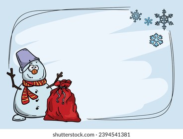 Vector Christmas and New Year Greeting Card Template with Funny Cute Snowman, Bag with Gifts and Snowflakes
