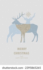 Vector Christmas and New Year greeting card with deers and snowflakes.
