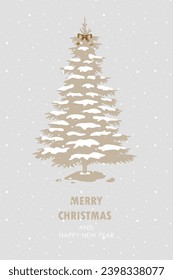 Vector Christmas and New Year greeting card with Christmas tree and snowflakes.