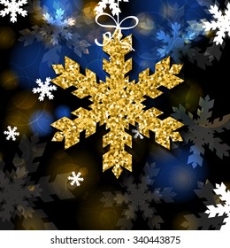 Vector Christmas or New Year greeting card template. Golden metal snowflake on black glowing background. Abstract holiday illustration. Snow blurred background. Holiday decoration.