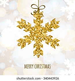 Vector Christmas or New Year greeting card with golden glitter snowflake. Abstract holiday illustration. Winter snow, glow background. Holiday decoration.