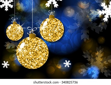 Vector Christmas or New Year greeting card template. Golden christmas balls on black blurred background. Abstract holiday illustration. Snowing background. Holiday decoration, toys and baubles.