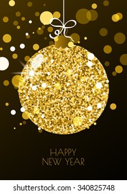 Vector Christmas or New Year greeting card template. Illustration of golden christmas ball on black background. Winter holidays decoration. Trendy design, concept for banner, poster, flyer design.
