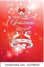 Vector Christmas and New Year greeting card. Chirstmas banner with deers and bells on abstract holiday red backgrounds for greeting card, gift voucher, party invitation, flyer. A 4 format