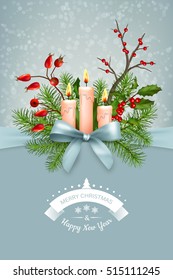 Vector Christmas and New Year greeting card. Tree branches garland with decoration, bow, candle, calligraphic text on abstract holiday backdrop