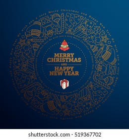 Vector Christmas and New Year Greeting Card Design Template. Hand drawn doodles.