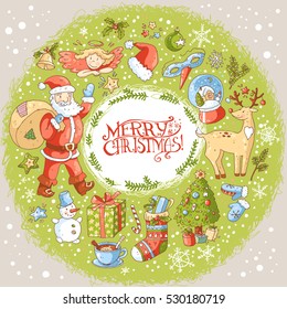 Vector Christmas and New Year greeting card with the text in the wreath, angel, santa, deer, decorated christmas tree and other winter signs. Ready design. Holiday postcard.