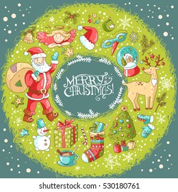 Vector Christmas and New Year greeting card with the text in the wreath, angel, santa, deer, decorated christmas tree and other winter signs. Ready design. Holiday postcard.