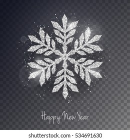Vector Christmas New Year greeting card with sparkling glitter silver textured snowflake. Seasonal holidays design element isolated on transparent background.