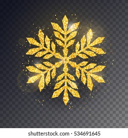 Vector Christmas New Year greeting card with sparkling glitter golden textured snowflake. Seasonal holidays design element isolated on transparent background.