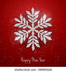 Vector Christmas New Year Greeting Card With Sparkling Glitter Silver Textured Snowflake On Red Background. Seasonal Holidays Background