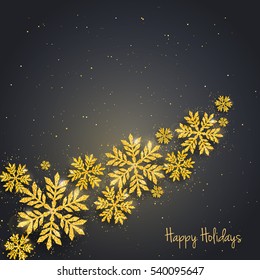 Vector Christmas New Year greeting card with sparkling glitter golden textured snowflakes. Seasonal holidays background