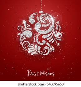 Vector Christmas New Year greeting card with sparkling glitter silver textured Christmas ball on red background. Seasonal holidays background
