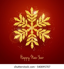 Vector Christmas New Year greeting card with sparkling glitter golden textured snowflake on red background. Seasonal holidays background