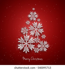 Navidades de Vector Tarjeta de felicitación del año Nuevo con brillantes copos de nieve con textura dorada hacen forma de árbol de Navidad sobre fondo rojo. Fondo de vacaciones de temporada