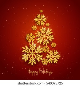 Vector tarjeta de felicitación Navidad Año Nuevo con brillantes copos de nieve dorados texturados hacen de la forma del árbol de Navidad con fondo rojo. Antecedentes de las fiestas de temporada