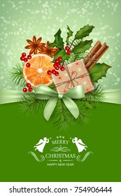 Vector Christmas and New Year greeting card. Tree branches garland with Xmas decoration, bow, calligraphic text on abstract holiday backdrop