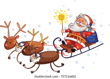 Vector Christmas and New Year greeting card. Canta Claus is riding deers with gifts