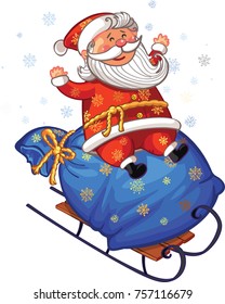 Tarjeta de bienvenida vectorial de Navidad y Año Nuevo. Canta Claus monta trineos con regalos