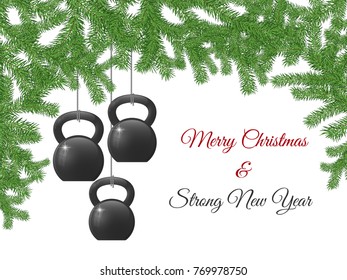 Vector Christmas and New Year greeting Card. Template with ketllebells stylized like christmas decorations and with pine branches.