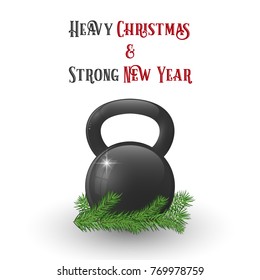 Vector Christmas and New Year greeting Card. Template with glossy ketllebell and with pine branches.