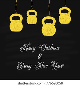 Vector Christmas and New Year greeting Card. Template with flat yellow ketllebells on the black background.