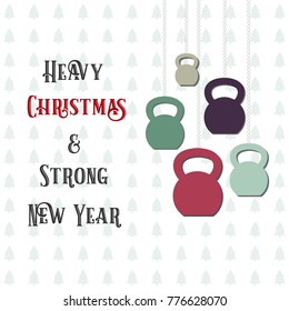 Vector Christmas and New Year greeting Card. Template with ketllebells stylized like christmas decorations. Background with low opacity trees.