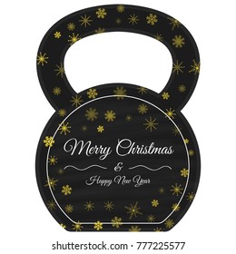 Vector Christmas and New Year greeting Card. Template with flat ketllebell with snowflakes.