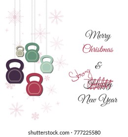 Vector Christmas and New Year greeting Card. Template with ketllebells stylized like christmas decorations. Background with low opacity snowflakes.
