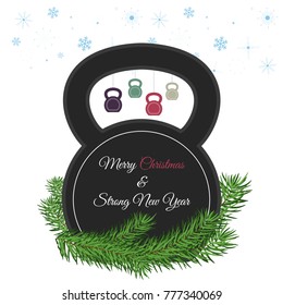 Vector Christmas and New Year greeting Card. Template with flat ketllebells and with pine branches.
